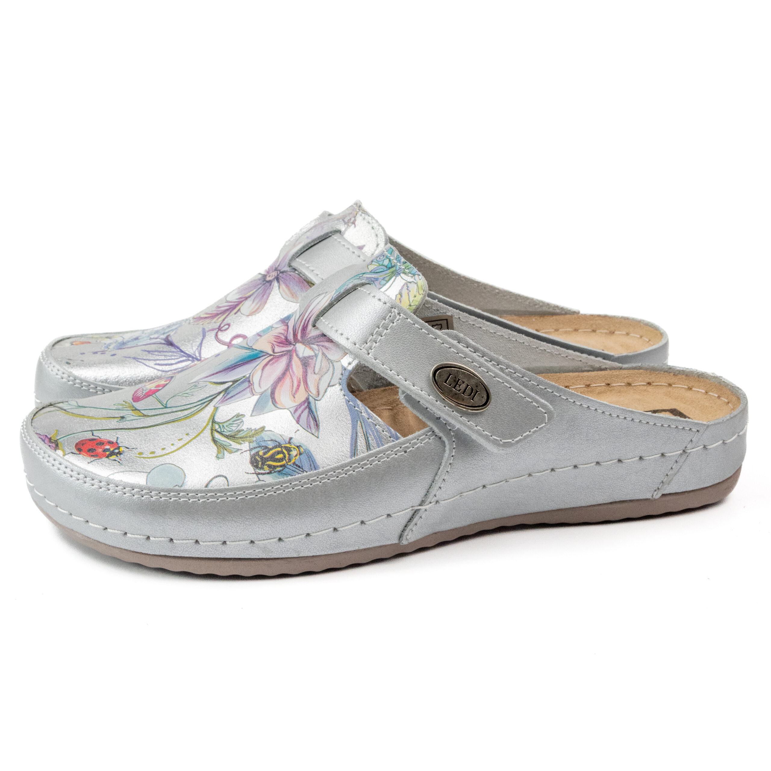 Анатомично дамско сабо от естествена кожа – сребристо с флорален десен 720/3 - Image 5