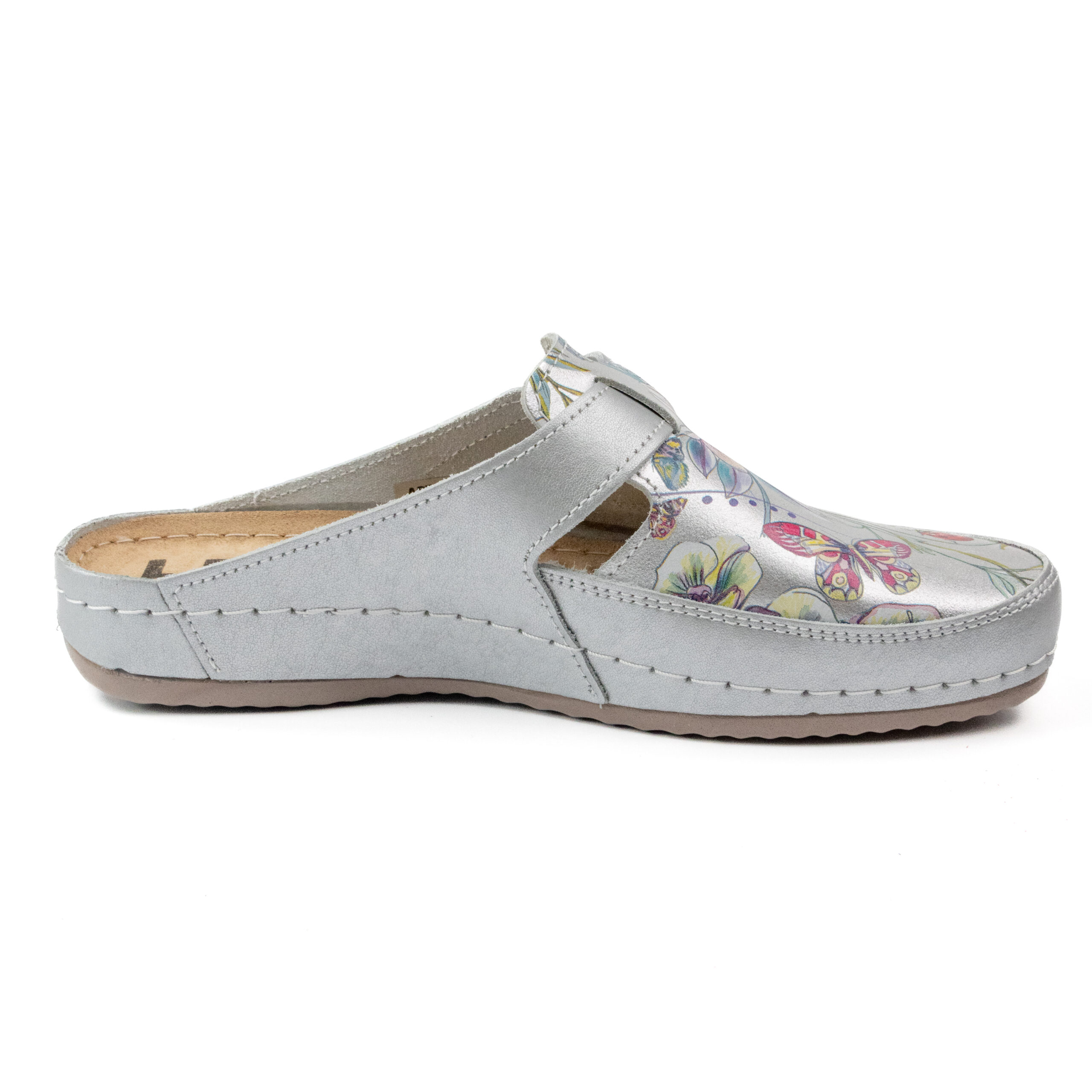 Анатомично дамско сабо от естествена кожа – сребристо с флорален десен 720/3 - Image 4