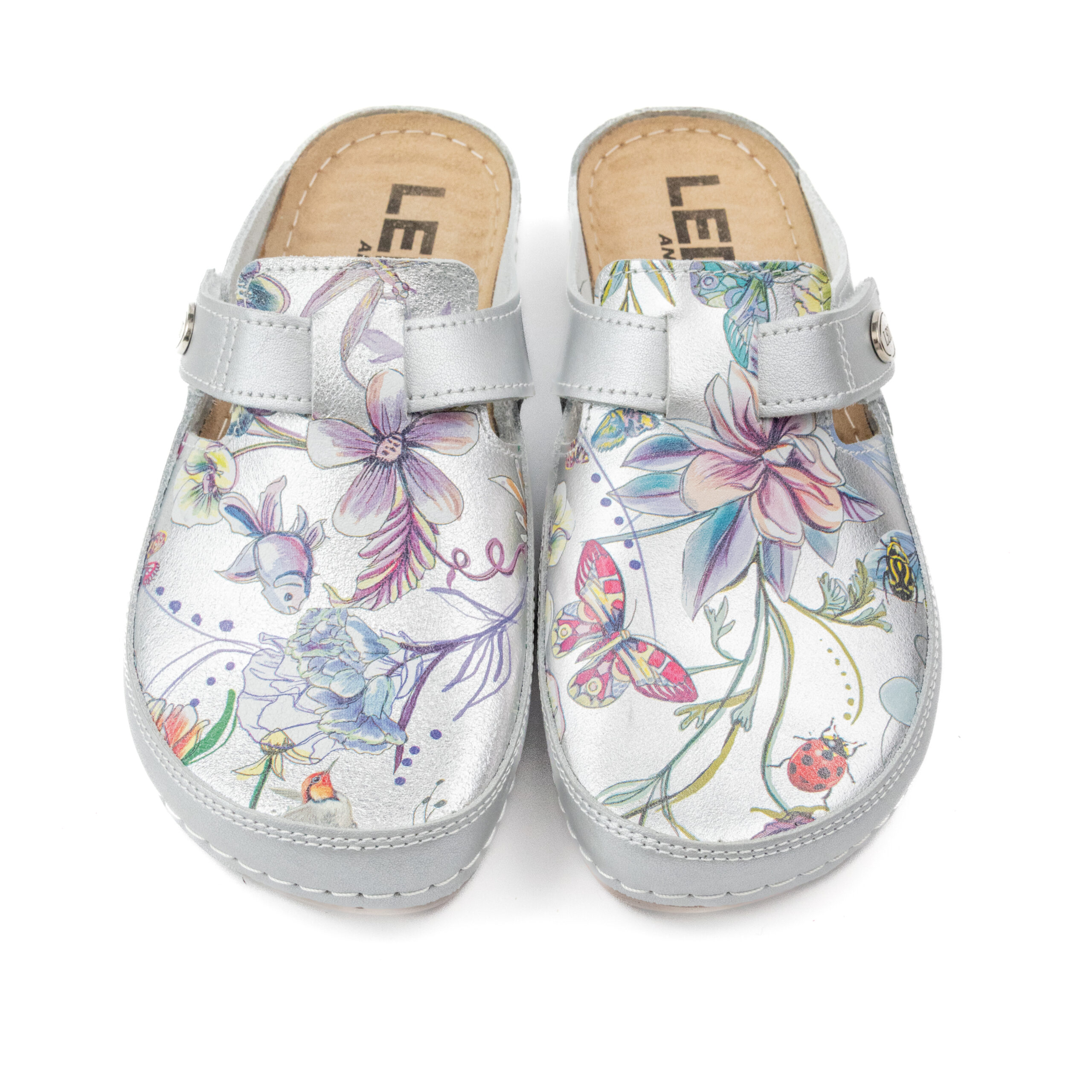 Анатомично дамско сабо от естествена кожа – сребристо с флорален десен 720/3 - Image 6