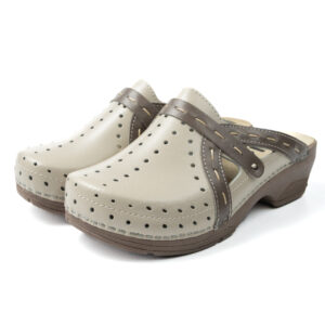 Дамски ортопедични бежови сабо с кафяви ленти и перфорации