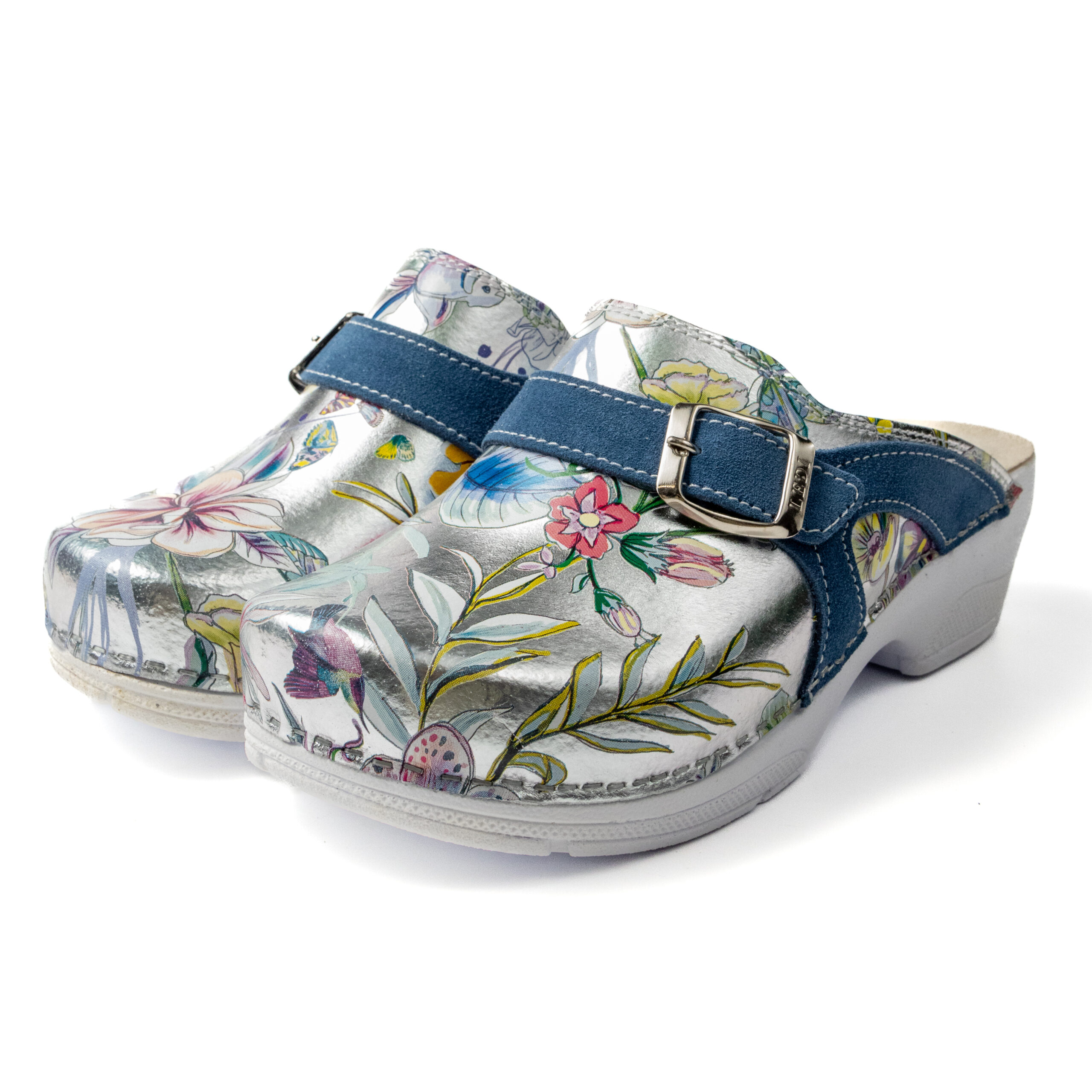 Дамски ортопедични сабо с цветен флорален принт и синя катарама