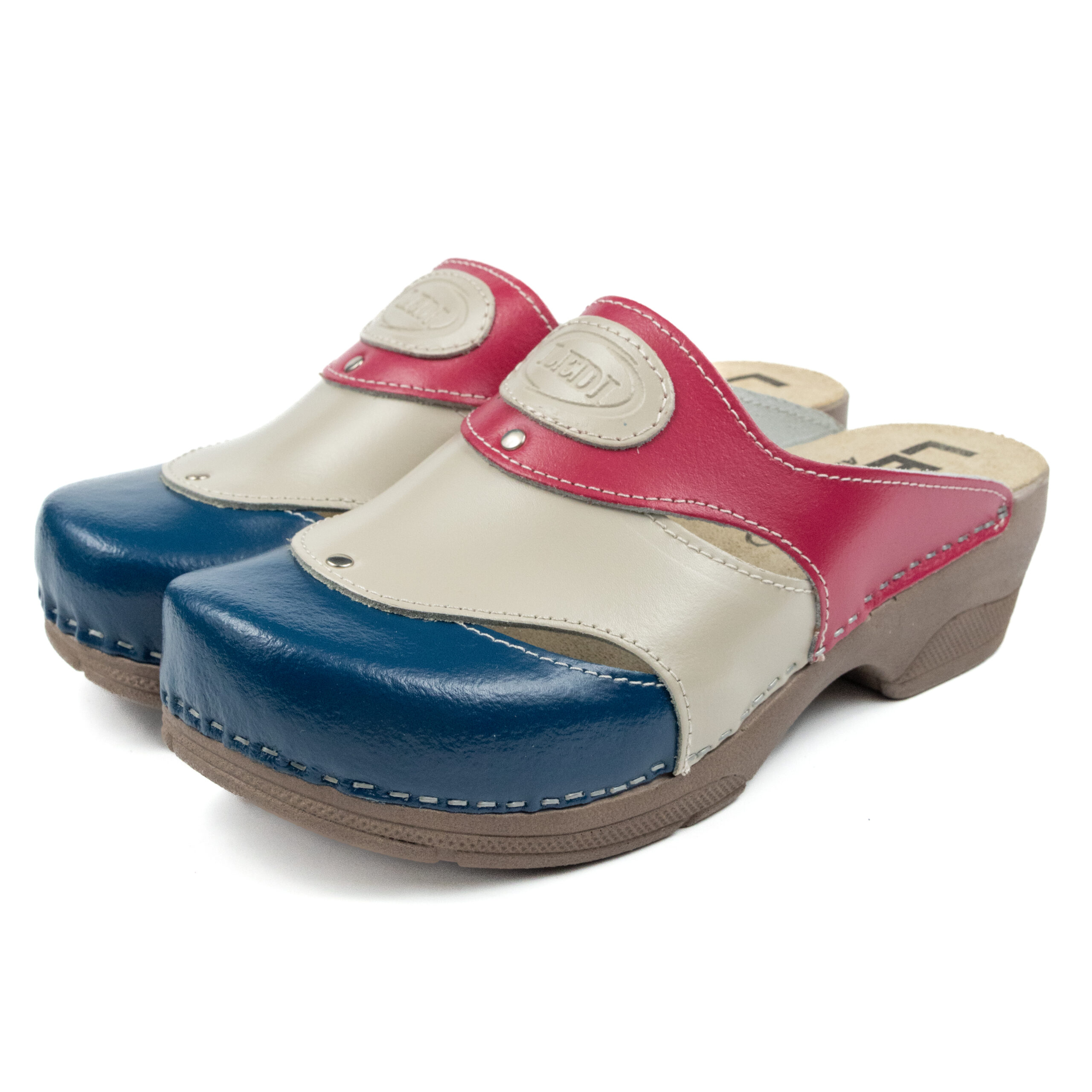 Дамски ортопедични сабо от естествена кожа в синьо, бежово и циклама