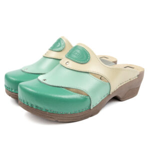 Дамски ортопедични сабо от естествена кожа в зелено и бежово