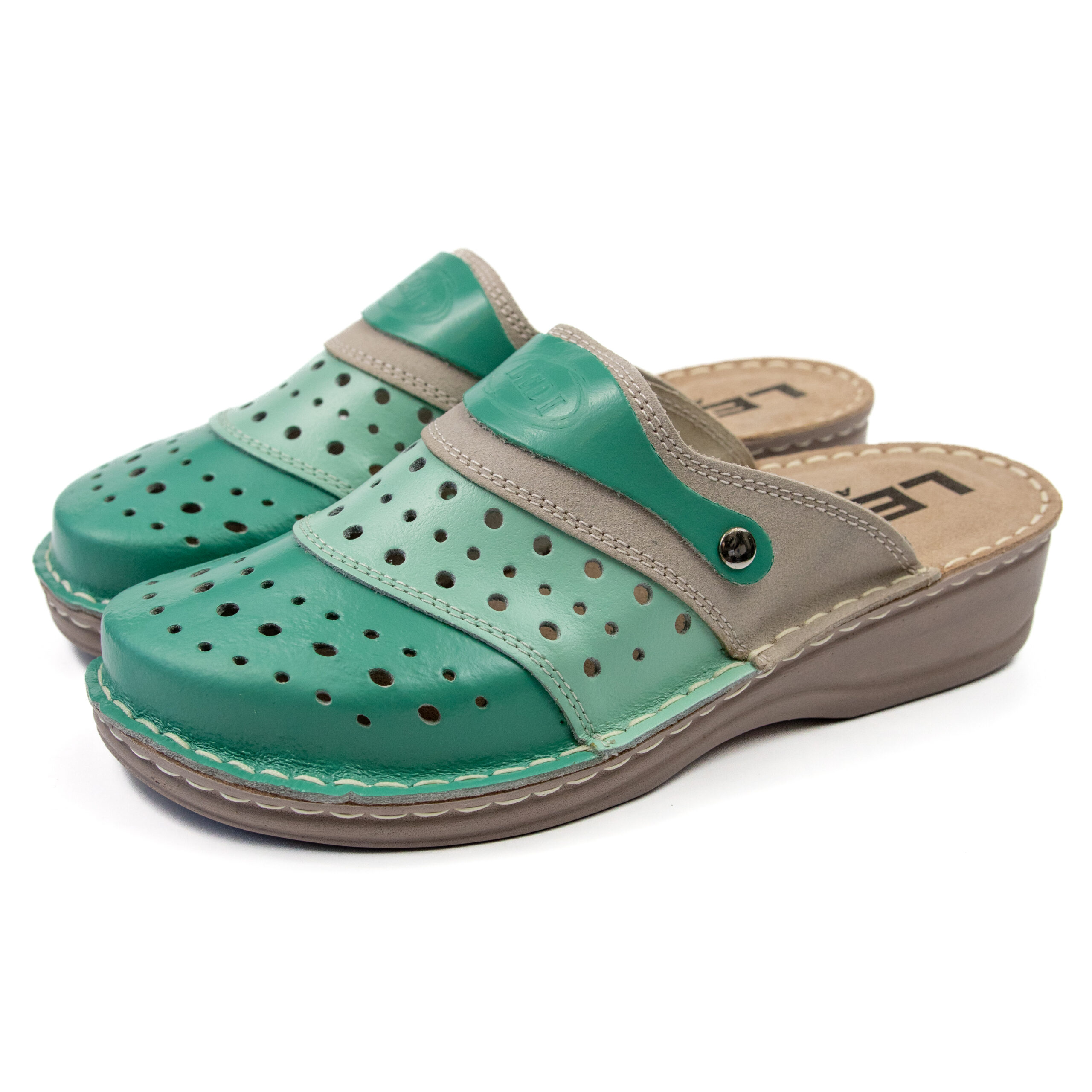 Дамско анатомично сабо от естествена кожа – зелено-бежово 670/36 - Image 5