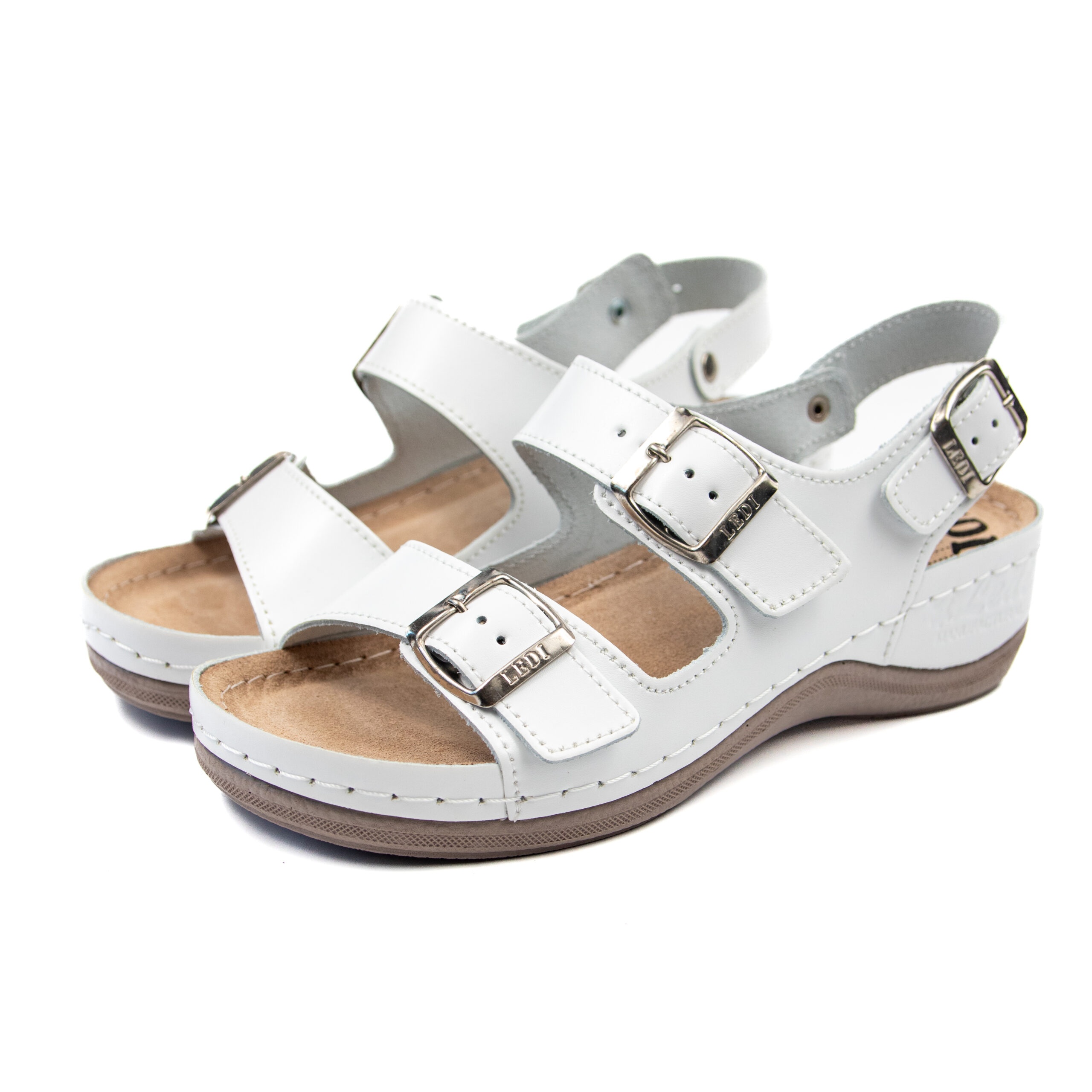 Дамски анатомични сандали LEDI от естествена кожа в бяло с катарами